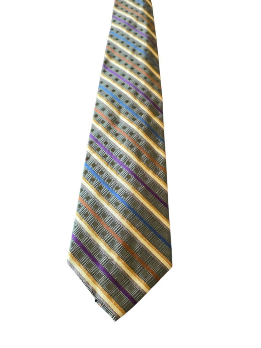 Rooster 100% Silk Tie Green Blue Purple Gold Geometric Striped Necktie 3.5”